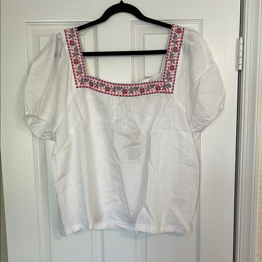 Boden White Puff Sleeve Blouse with Embellished Trim
